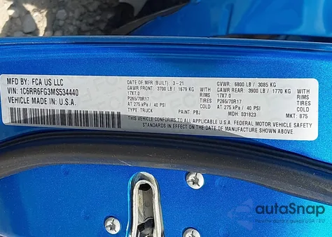 2021 Ram 1500 Classic Tradesman 4X2 6'4 Box from USA, damaged, VIN 1C6RR6FG3MS534440